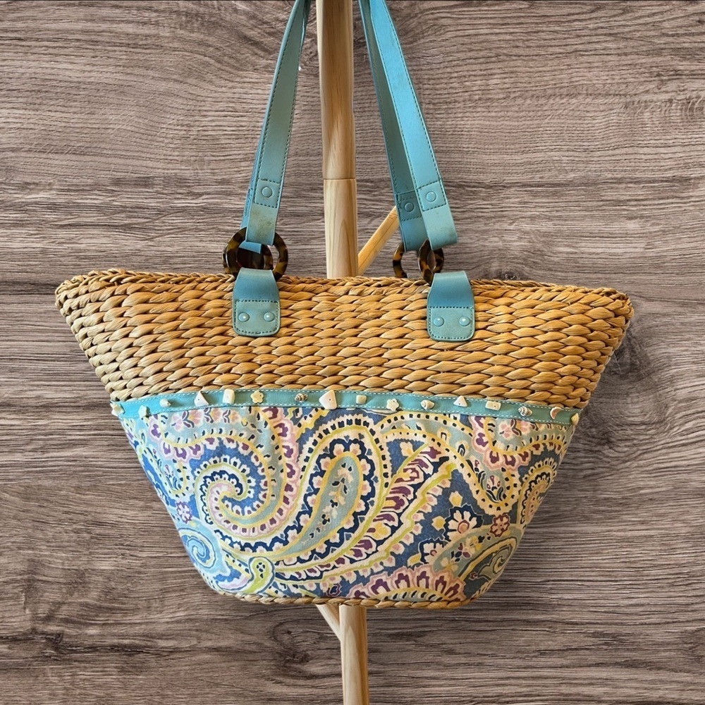 VERA BRADLEY Beach Large Tote Bag Capri Blue with Woven Straw and Seashe…